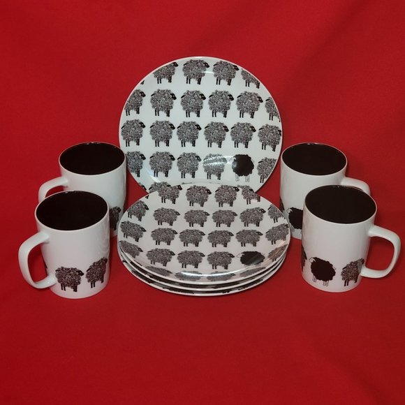 Fitz and Floyd Variations Black & White Sheep Design Cup & Saucer Set of 4 - Picture 2 of 13